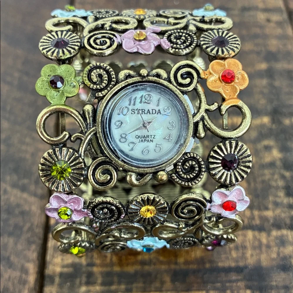 NWT Strada Gold-Toned Floral Metalwork Bracelet Watch Wide Band Stretch Flower